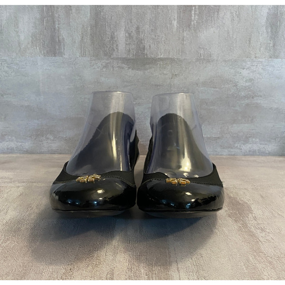 Tory Burch Flats Womens 8M Black Patent Leather Gold Tone Logo Ballet - Picture 3 of 11